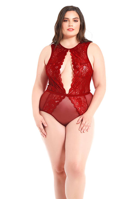 Deep V Halter Lace Teddy Glitter - Boutique Séduction