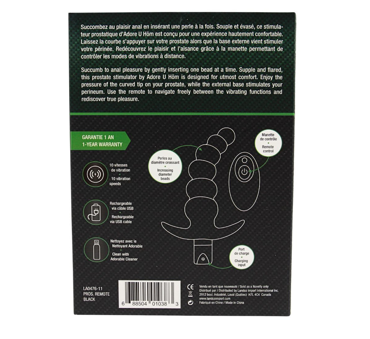 Vibrating Beads Prostate Stimulator with Remote Adore U - Höm - Boutique Séduction