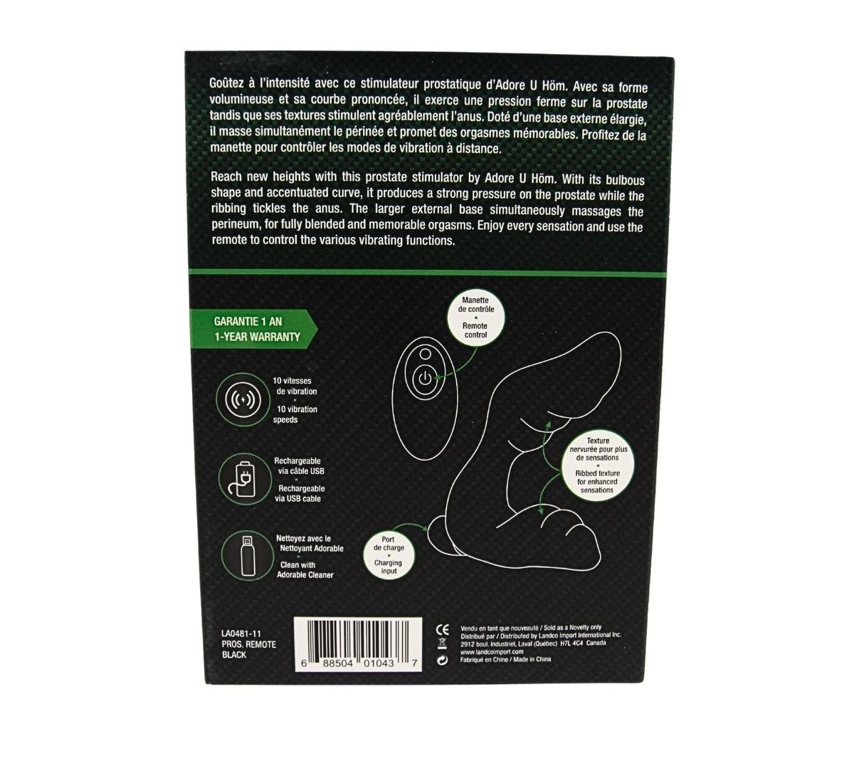 Vibrating Ribbed Texture Prostate Stimulator with Remote Adore U - Höm - Boutique Séduction