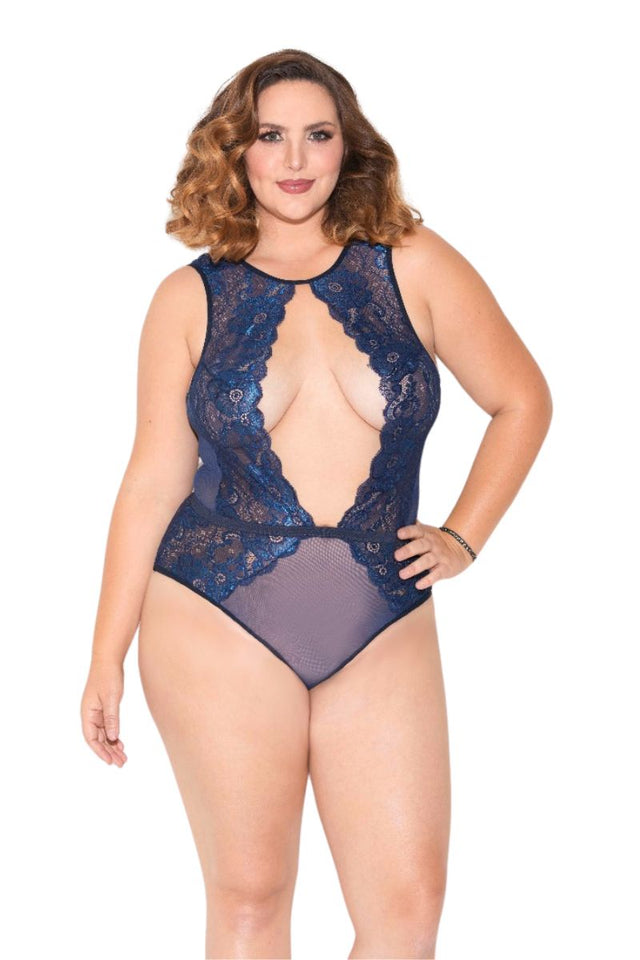 Deep V Halter Lace Teddy - GLITTER Golyta International - Boutique Séduction