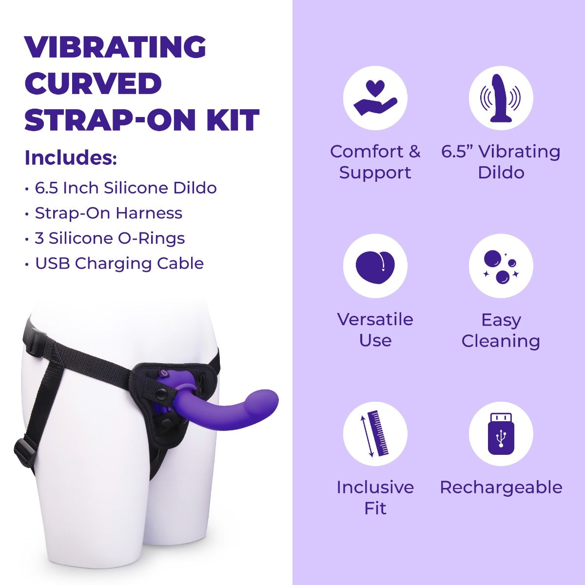 Ensemble Strap-On Dildo Vibrant Incurvé de 6,5po