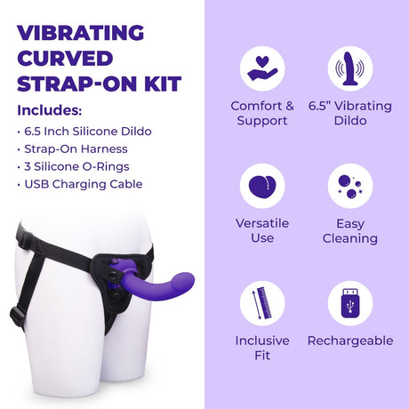 Ensemble Strap-On Dildo Vibrant Incurvé de 6,5po