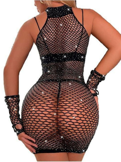 Sweetkama - Sparkle Fishnet Bodystocking Dress with Gloves - Boutique Séduction