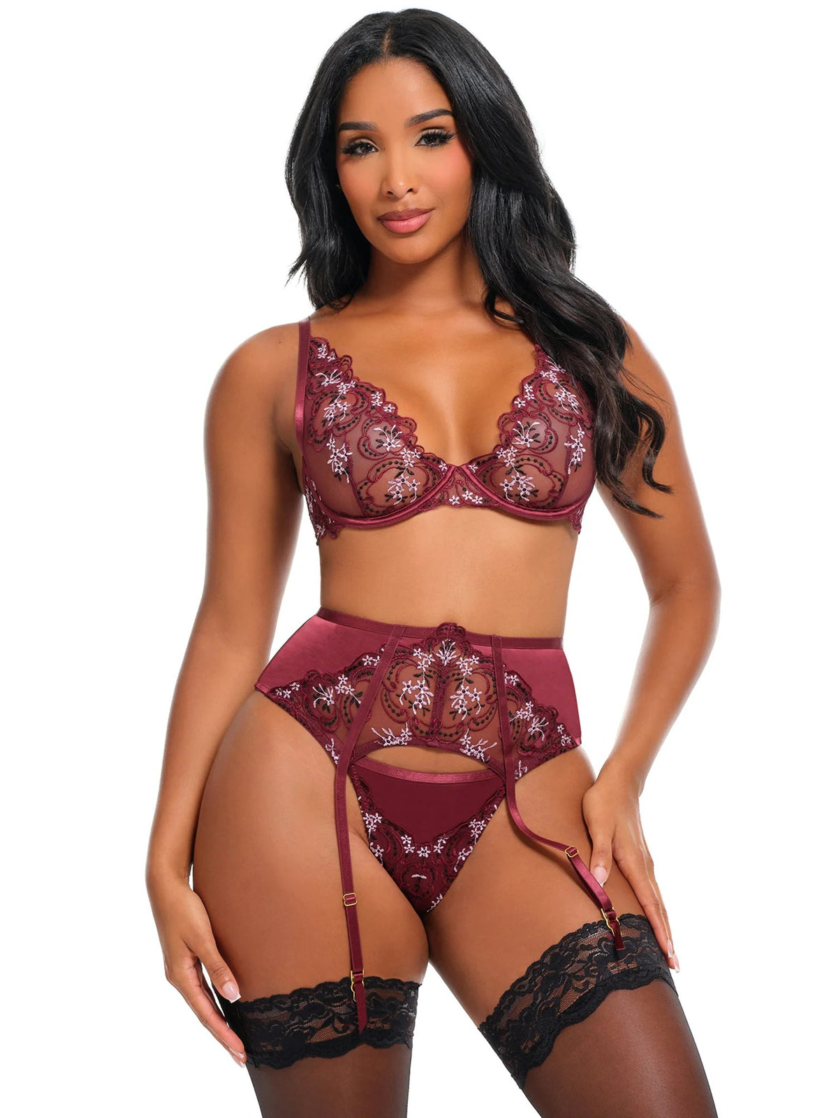 Eloise Floral Embroidered 3-Piece Bra Set
