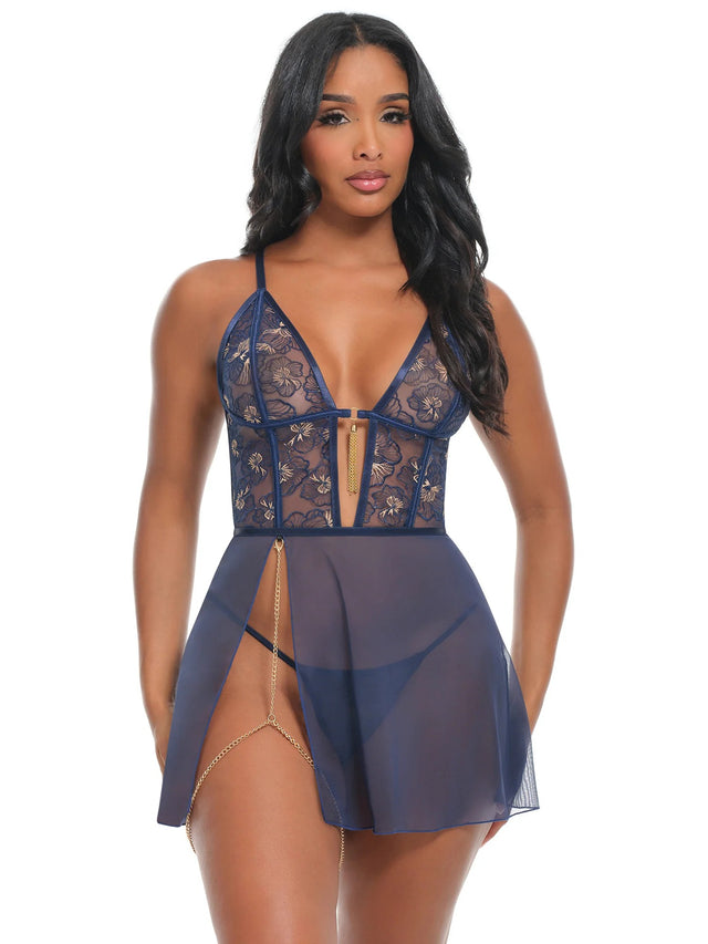 Bleu Sheer Embroidered Babydoll Set
