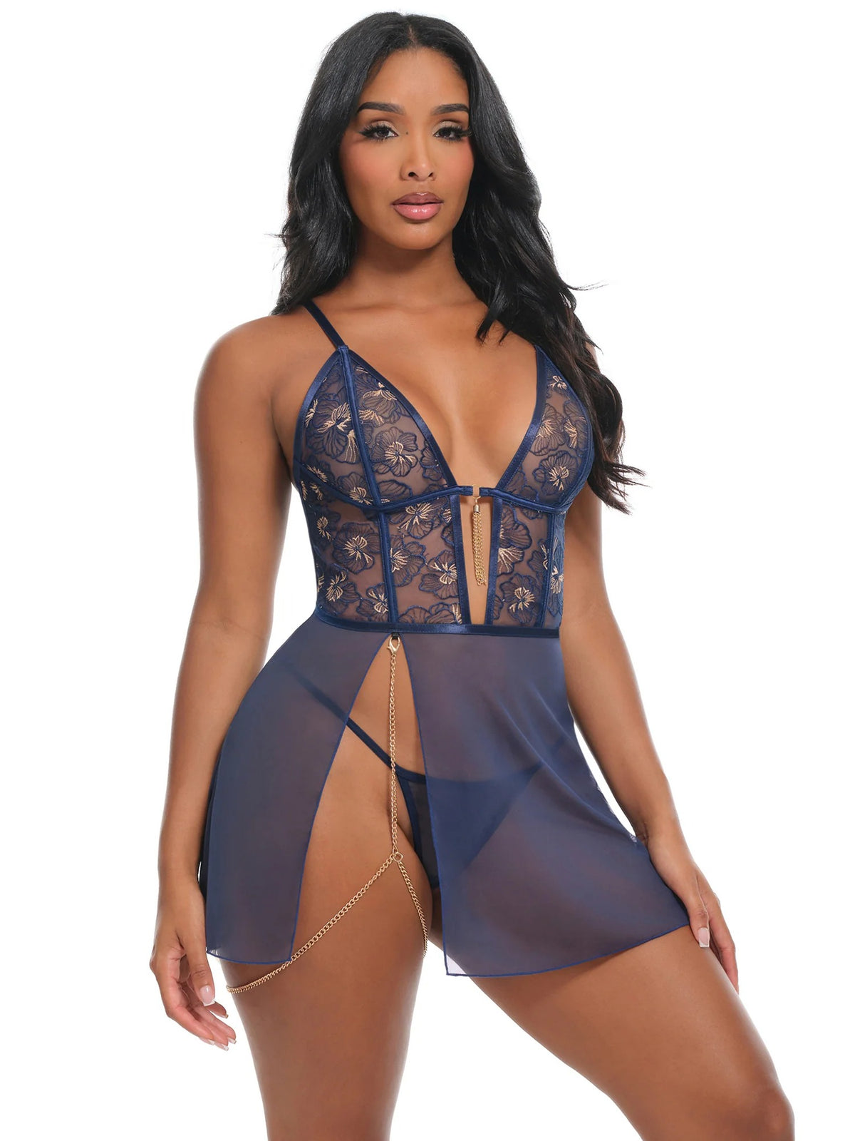 Bleu Sheer Embroidered Babydoll Set