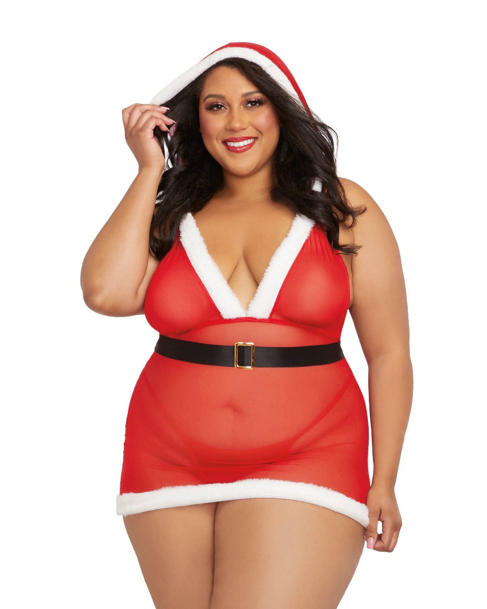 Hooded Stretch Mesh Santa Babydoll - DREAMGIRL Dreamgirl International - Boutique Séduction